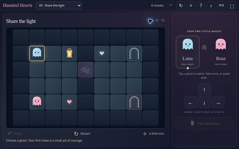 Actual Haunted Hearts game with two ghosts, colored paths, pressure plates and a shared lantern.